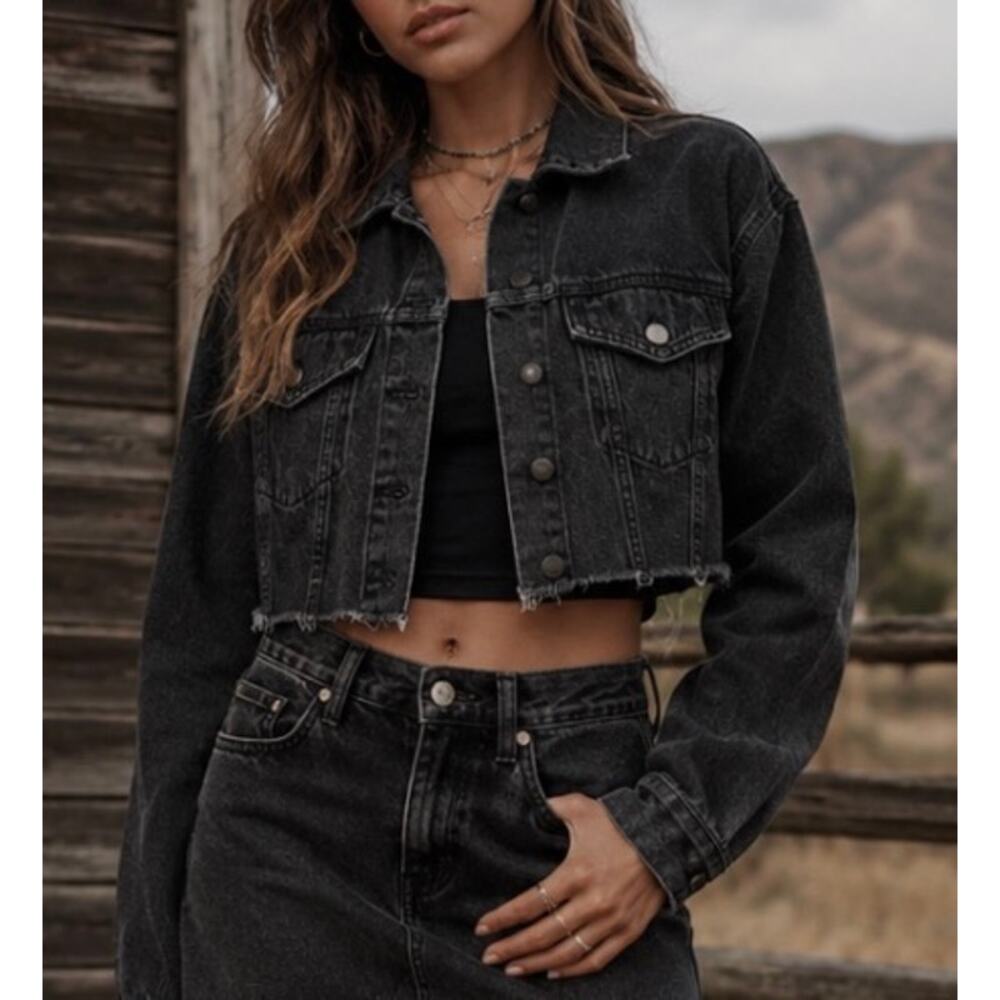 Edit by nine cropped denim jean jacket faded black grunge goth western outdoor S